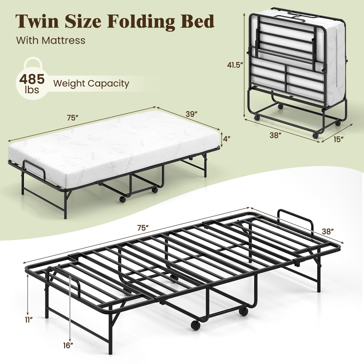 75 x 38 Inch Folding Bed with Mattress Twin Size Rolling Guest Bed