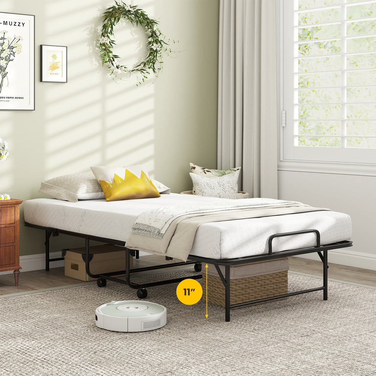 75 x 38 Inch Folding Bed with Mattress Twin Size Rolling Guest Bed