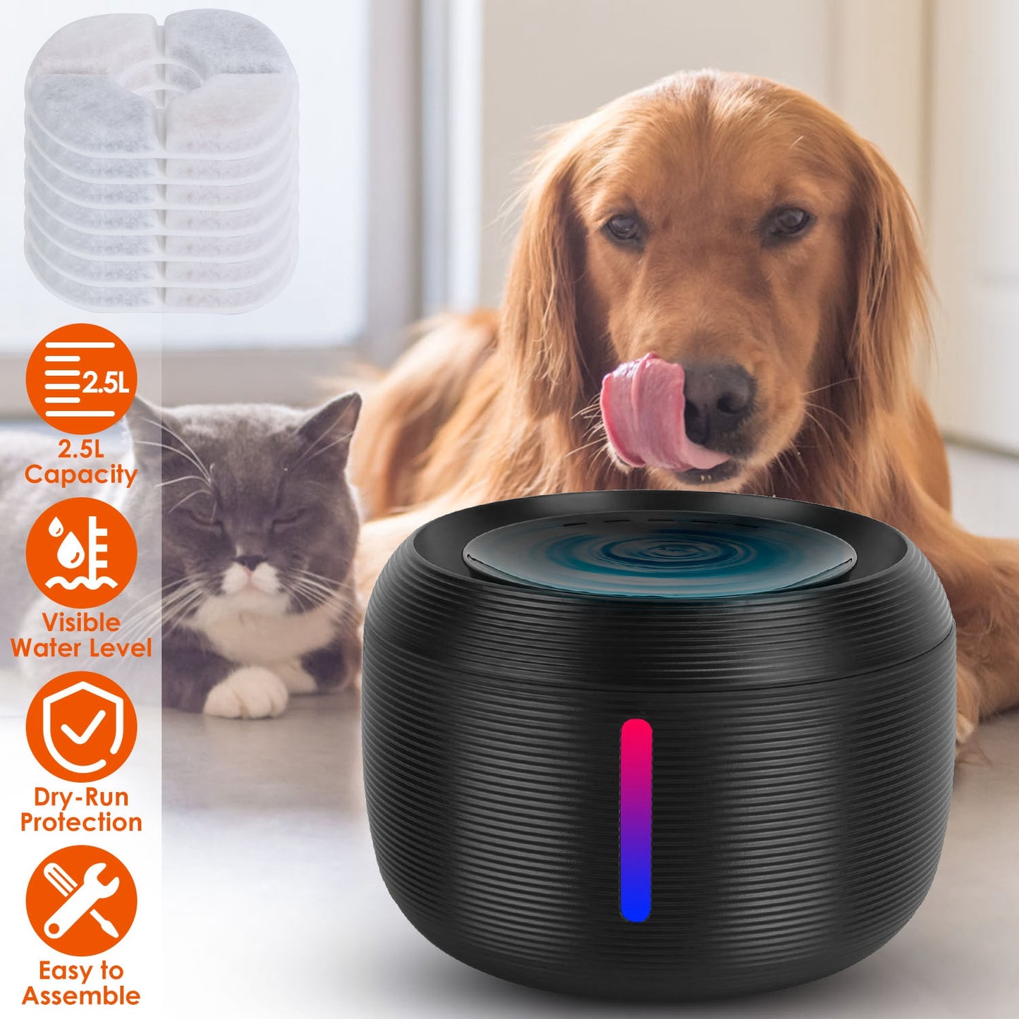 Pet Water Fountain with LED Light and Filters, 2.5L