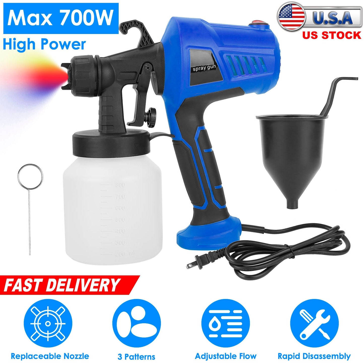 Electric Paint Sprayer 700W HVLP Spray Gun with 800ml Cup