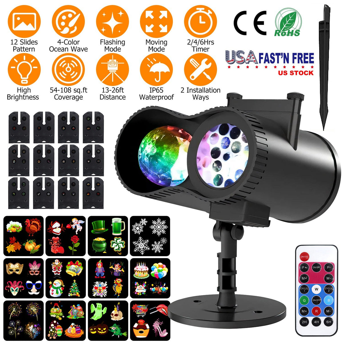 LED Projector Light with 12 Patterns & Remote Control