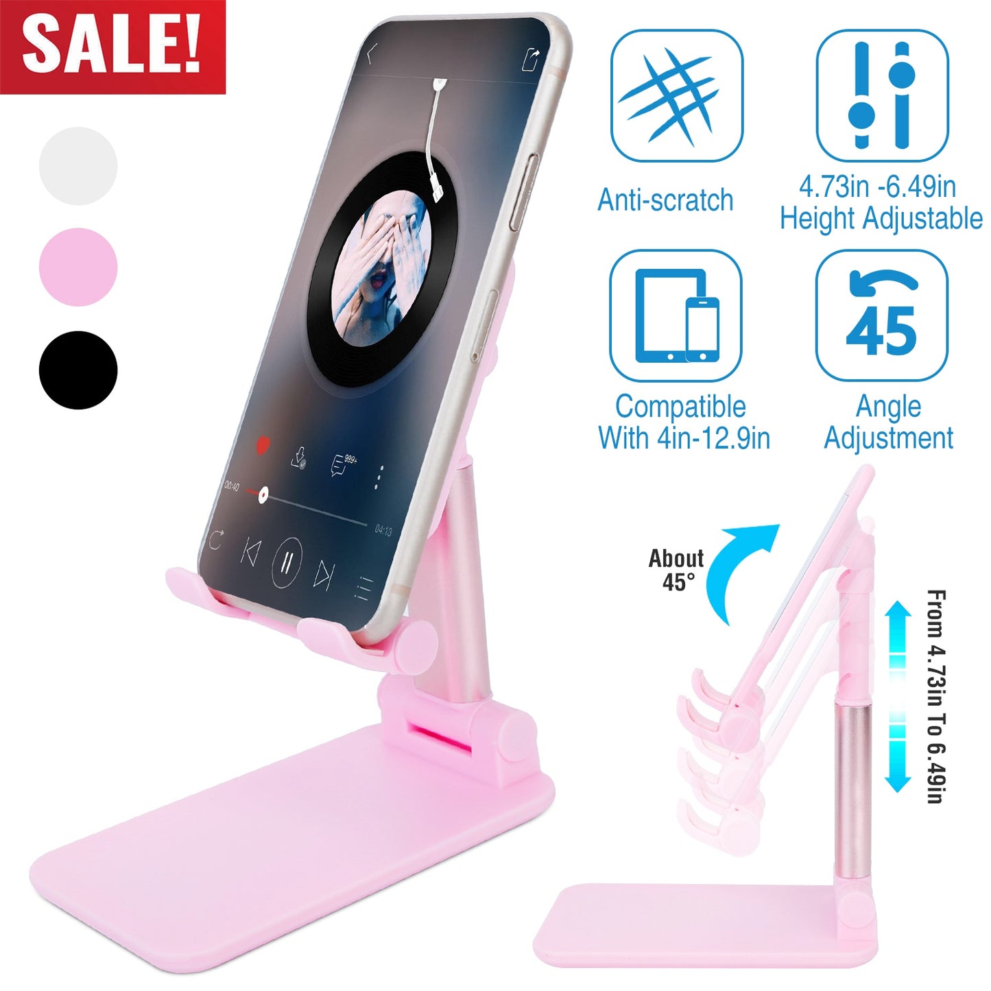 Adjustable Phone Stand for Desk with Mirror - 4-12.9 Inch