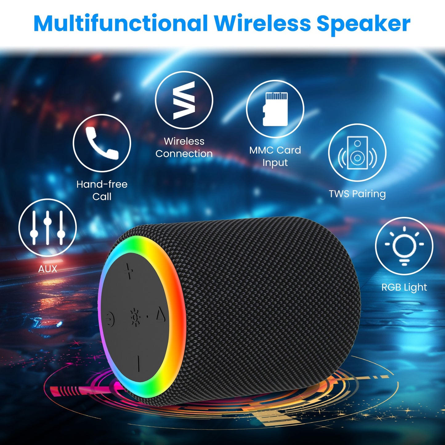 Portable Wireless Speaker with RGB Lights & IPX6 Waterproof