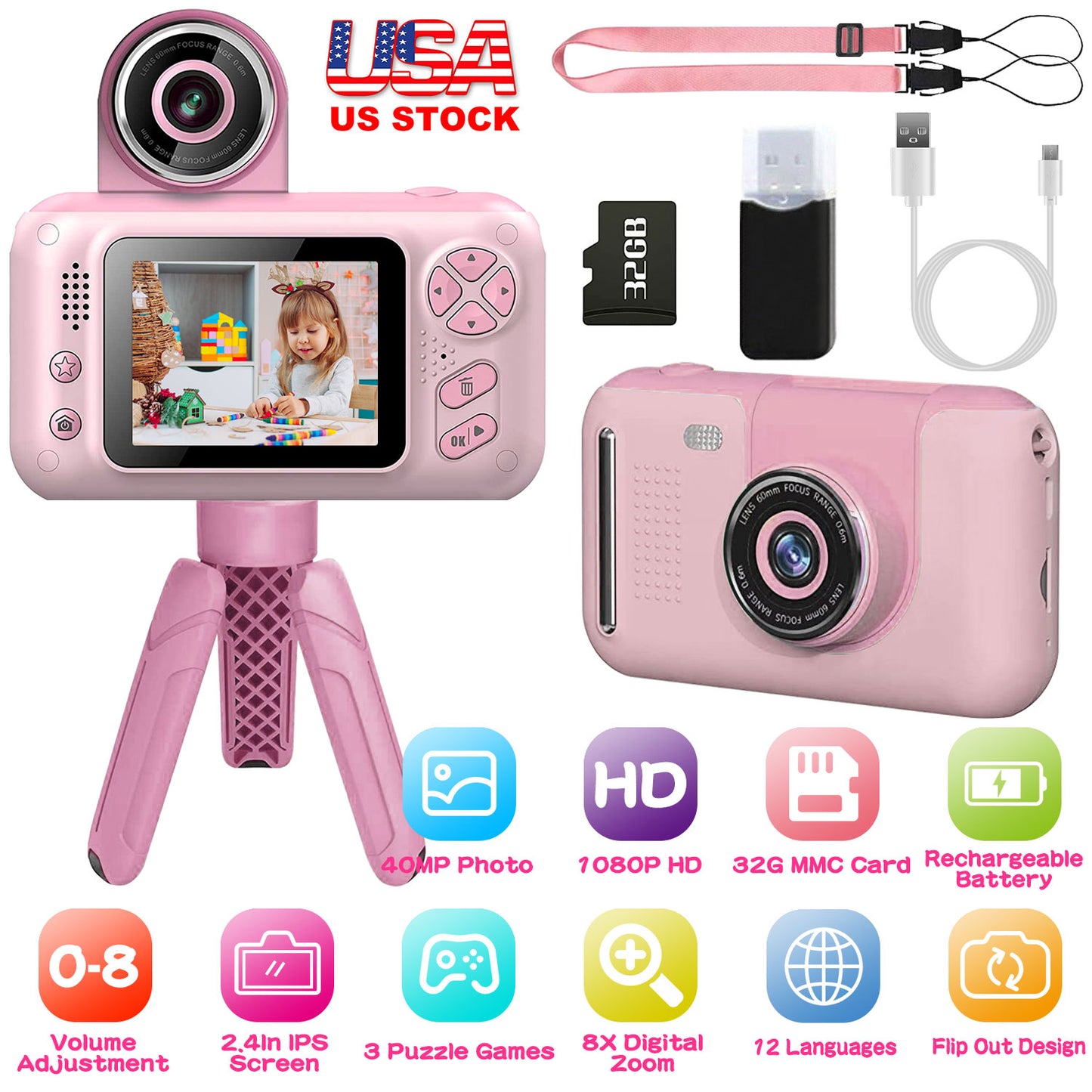 Kids Digital Camera with Flip Lens & 2.4" Screen