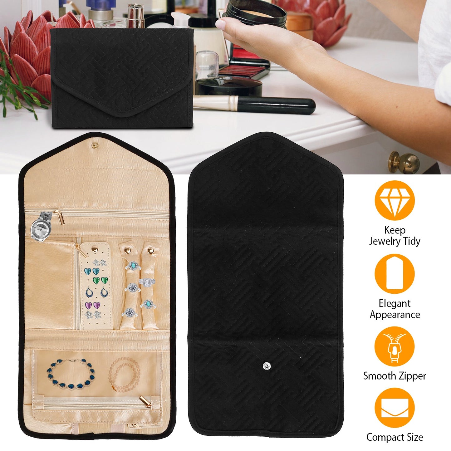 Travel Jewelry Organizer Case - Foldable Roll Storage Bag