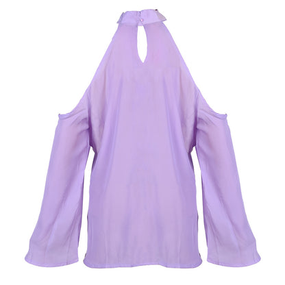 Women\'s Sexy Off The Shoulder Blouses Cold Shoulder Tops V-Neck Long Sleeve T-Shirt Solid Color Summer