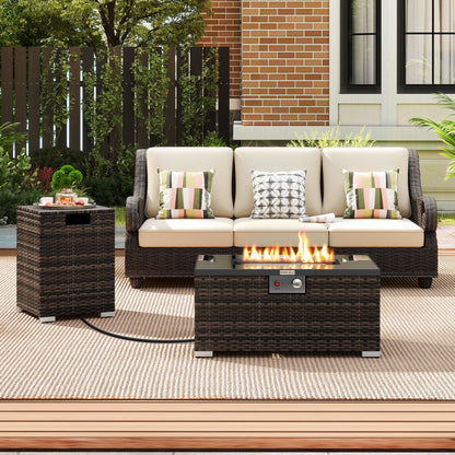 2-Piece Outdoor Rattan Fire Table Set 32 Inch Rectangle Gas Firepit with Tank Cover