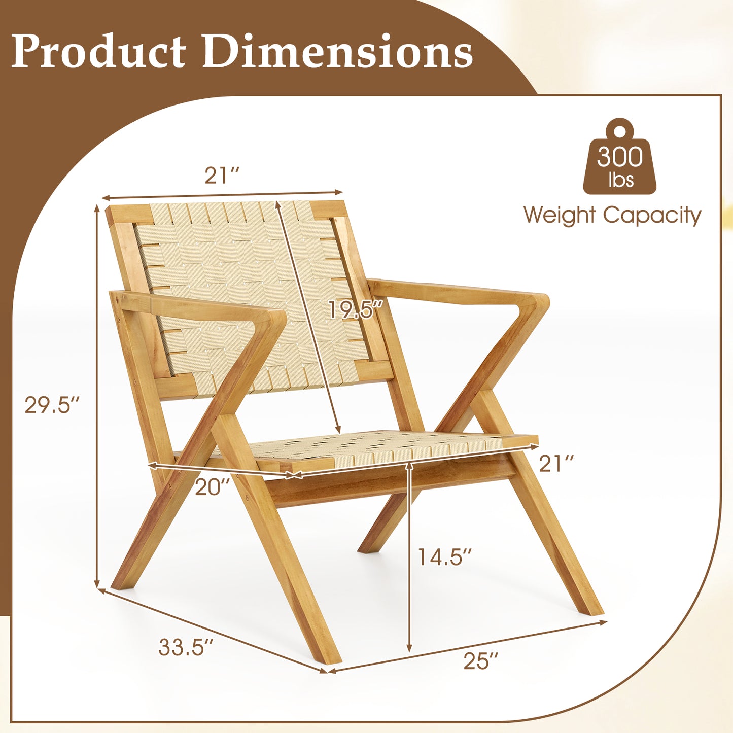 Teak Wood Patio Chair with Webbing Seat and Backrest
