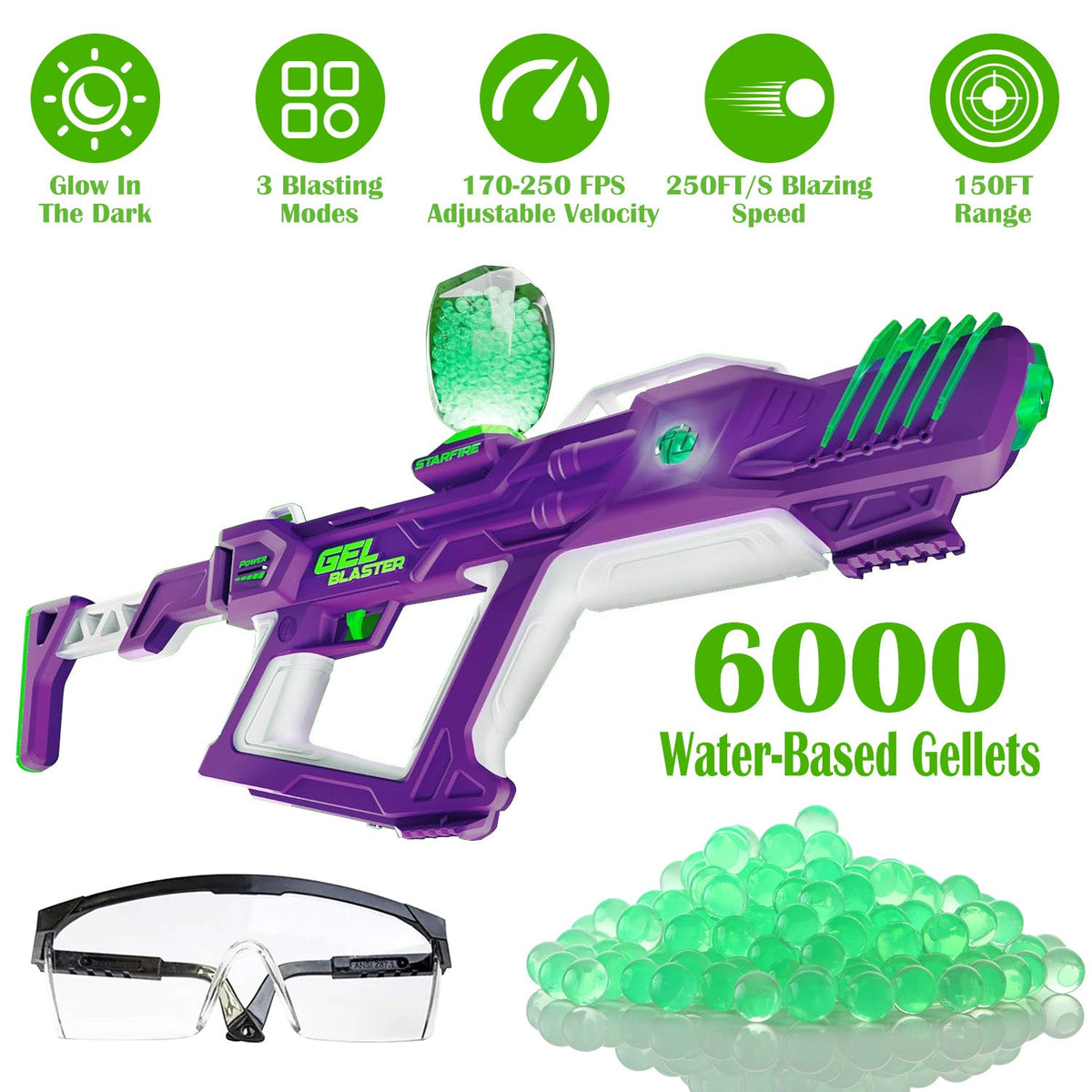 Gel Blaster Starfire XL Glow-in-The-Dark Blaster Toy Gun High Performance Splat Gun Toy with 6000 Gellets 170-250 FPS
