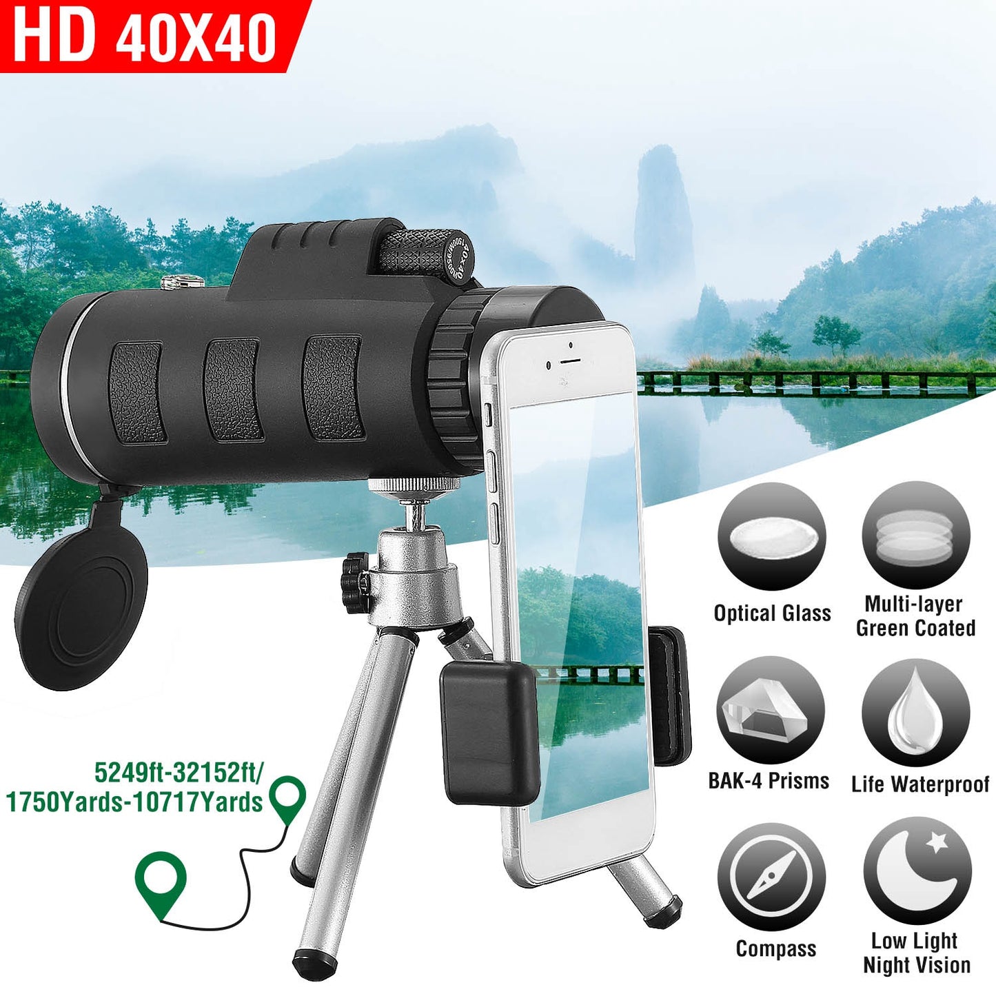 40x40 Monocular Telescope with Phone Adapter and Tripod
