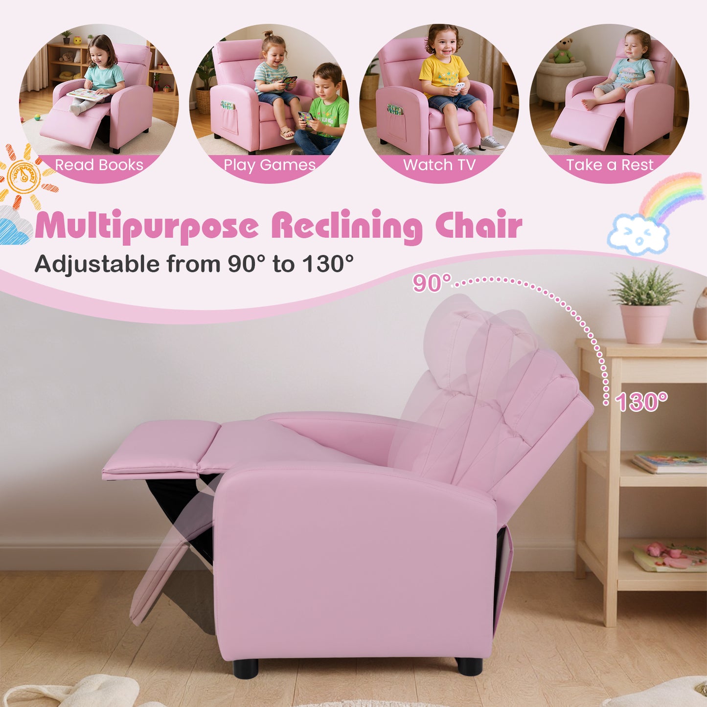 Kids Recliner Chair with Adjustable Backrest & Footrest