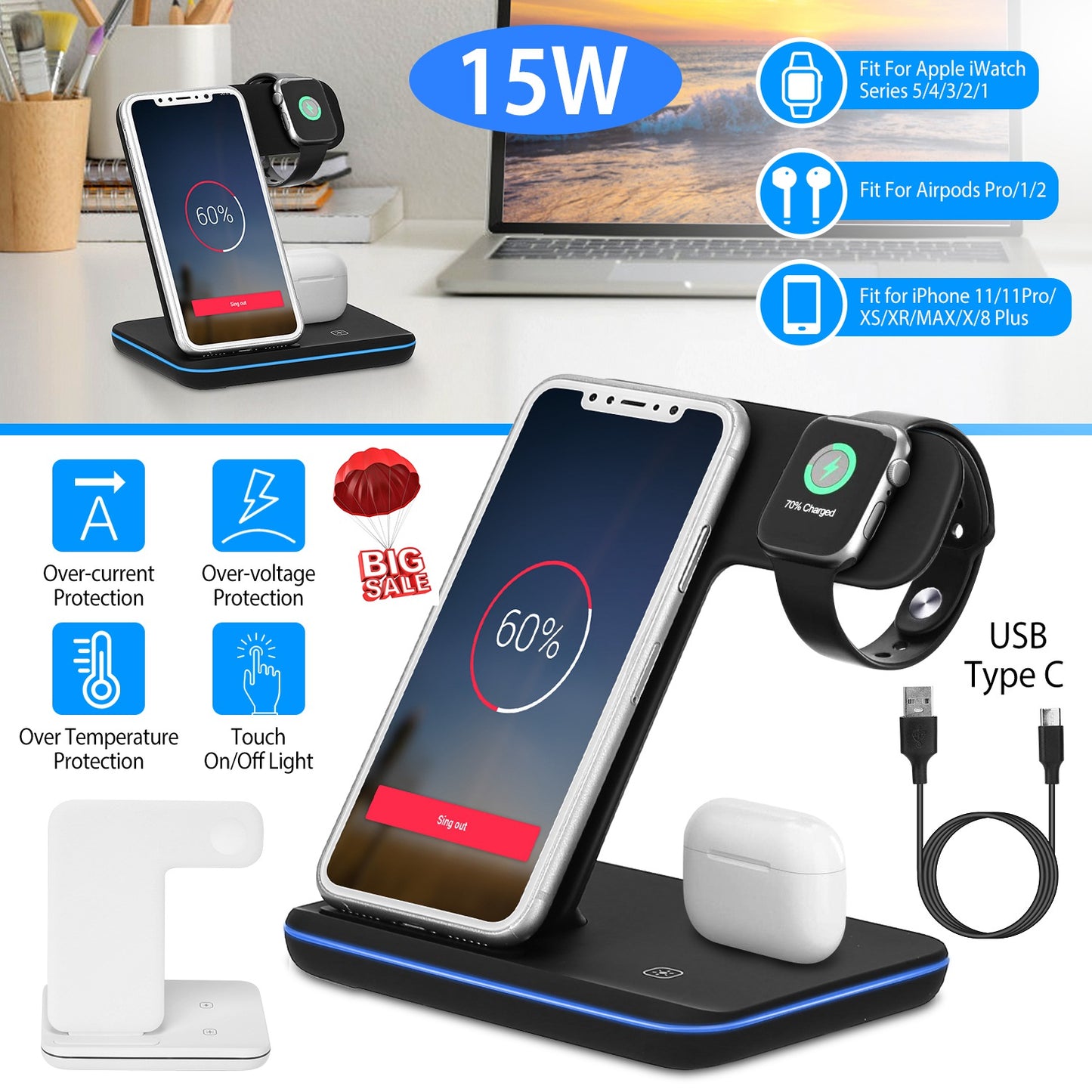 3-in-1 Wireless Charging Station 15W Fast Charge Dock