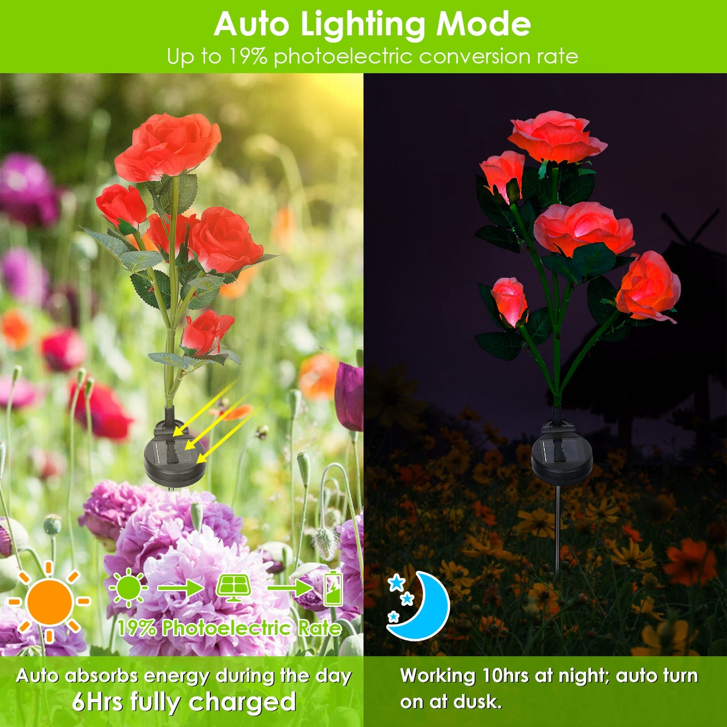 Solar Rose Flower Stake Lights - 2 Pack Outdoor Garden Decor