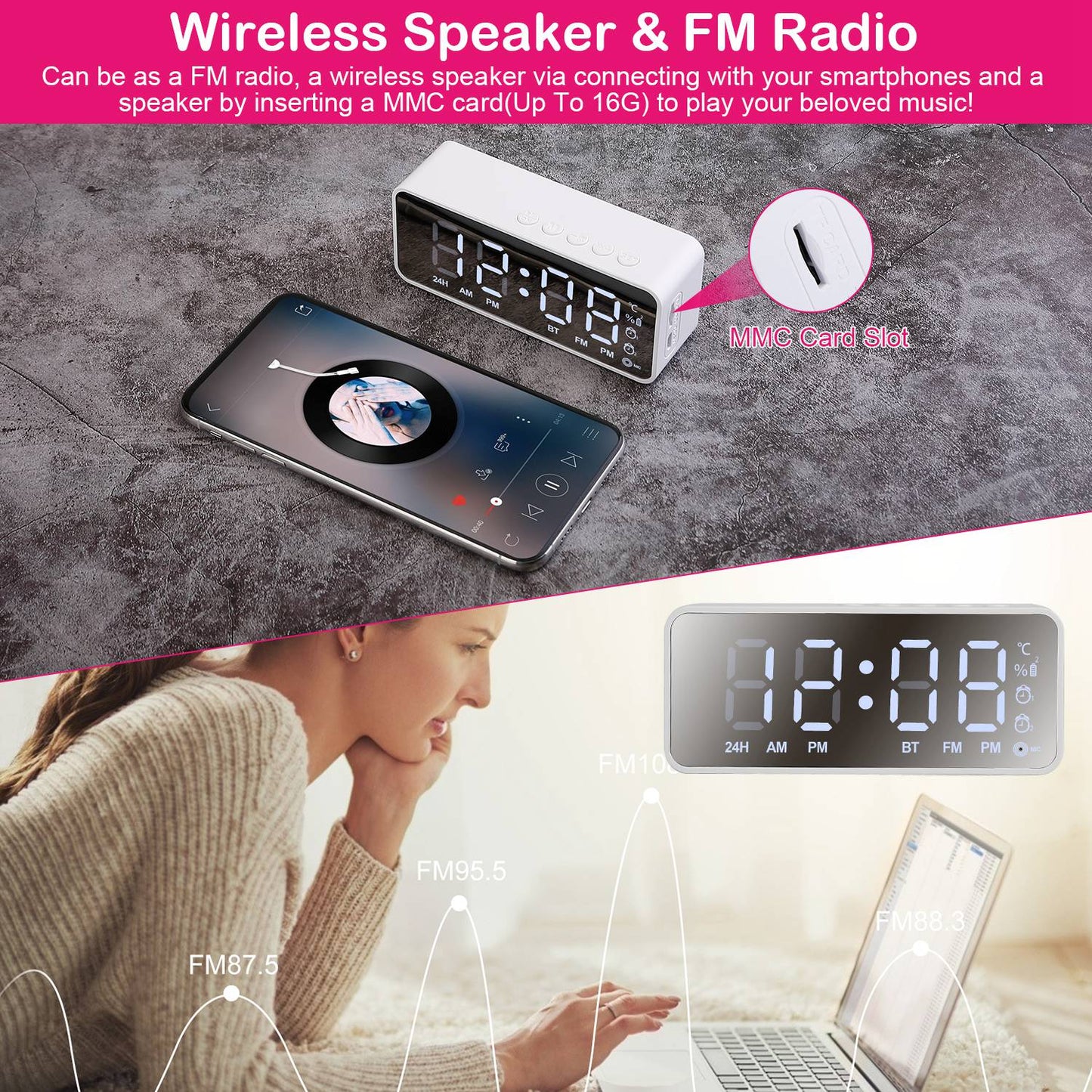 Mirror Digital Alarm Clock with Bluetooth Speaker & FM Radio