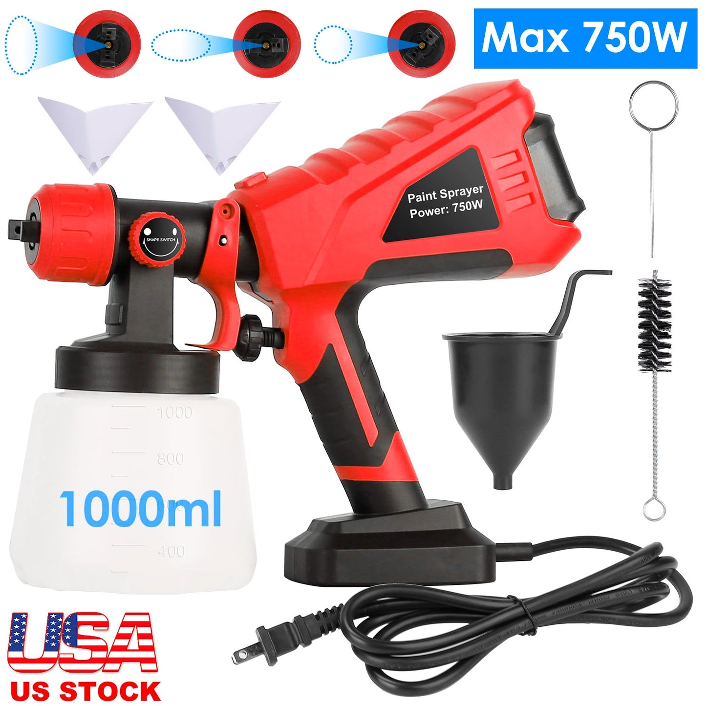 750W Electric Paint Sprayer with 3 Spray Patterns & 1000ML Cup