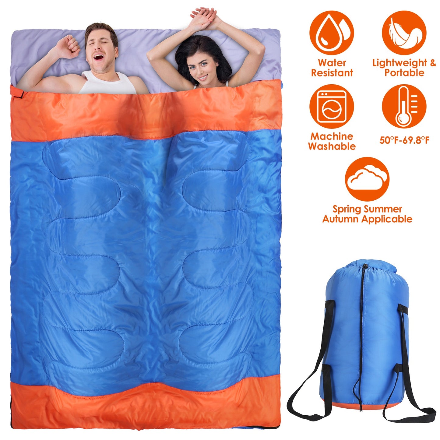 Double Sleeping Bag for 2-3 People - Water Resistant Cotton
