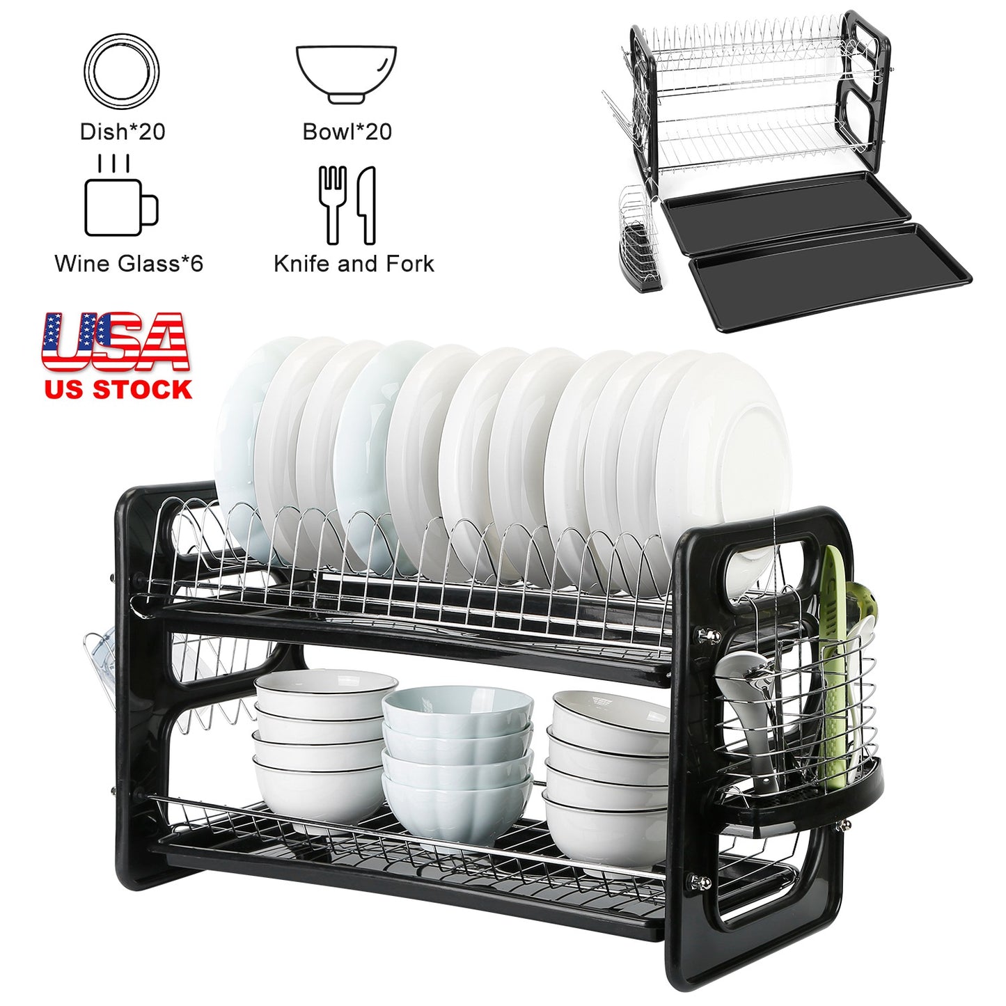 2-Tier Dish Drying Rack with Drainboard and Cup Holder