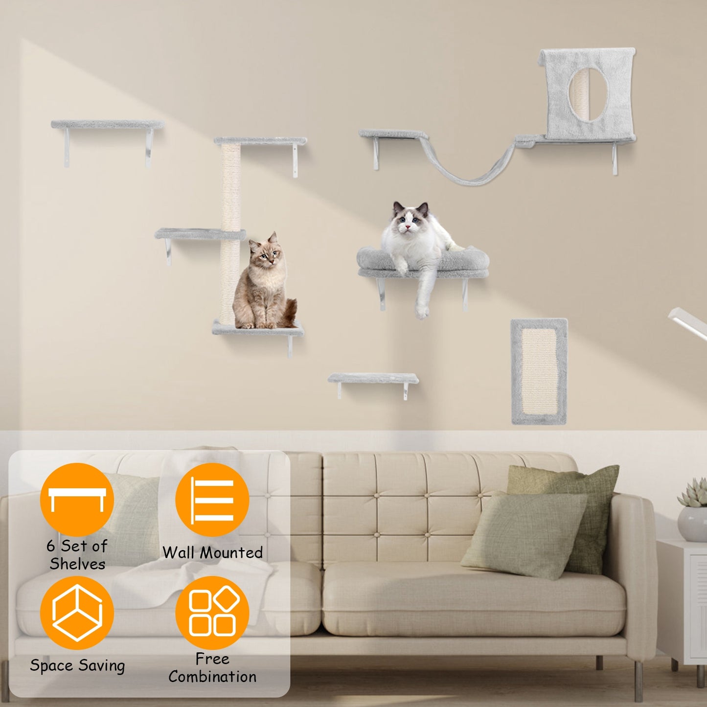 Cat Wall Shelves 6-Piece Climbing Set with Houses & Scratching Post