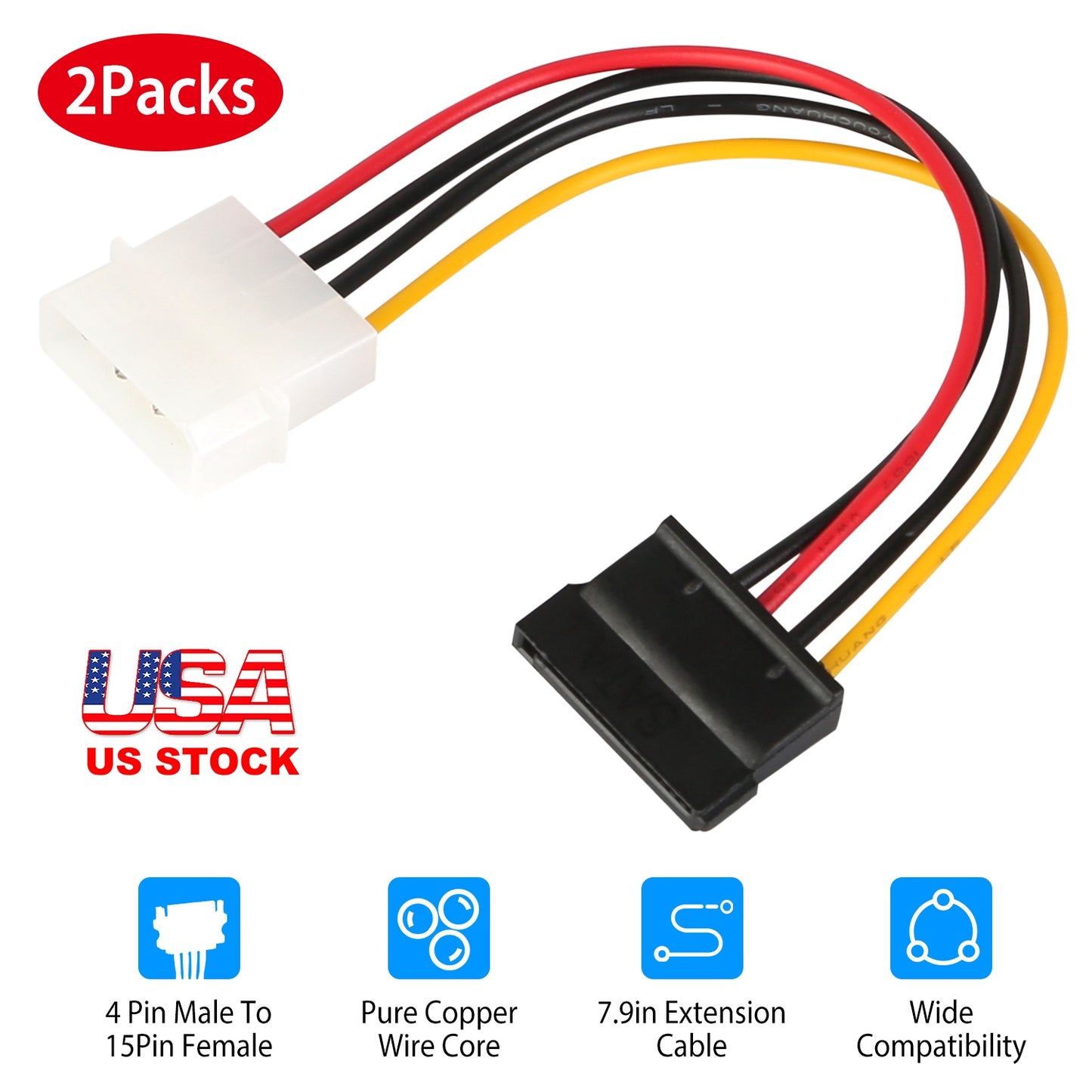 4-Pin to 15-Pin SATA Power Adapter Cable - 2 Pack