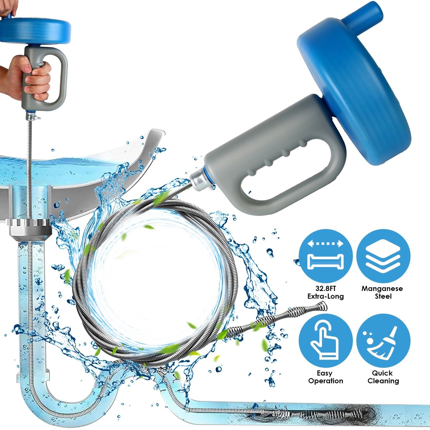 32.8FT Drain Snake Auger Plumbing Snake Hair Clog Remover For Sewer Sink Bathtub Shower Kitchen Bathroom Drain Clog Remover