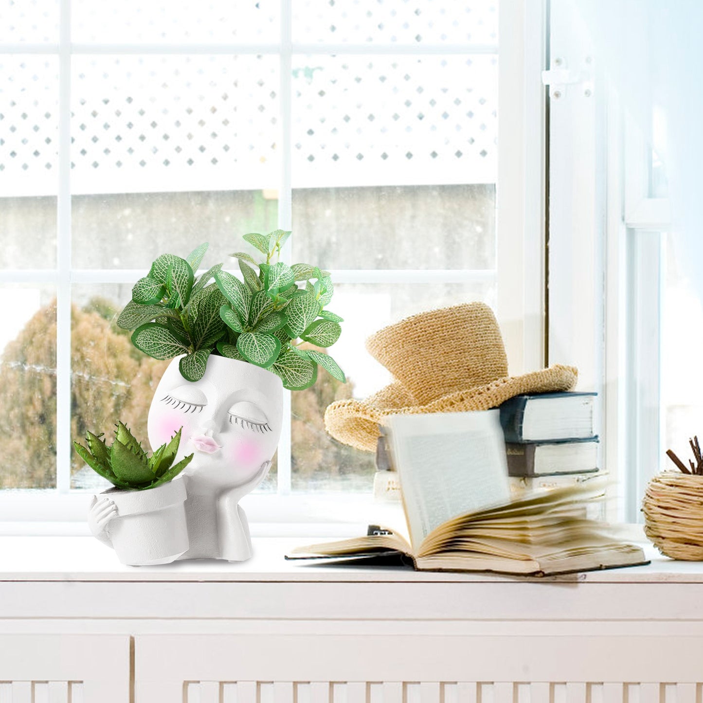 Girl Face Planter Pot with Dual Opening & Drainage Hole