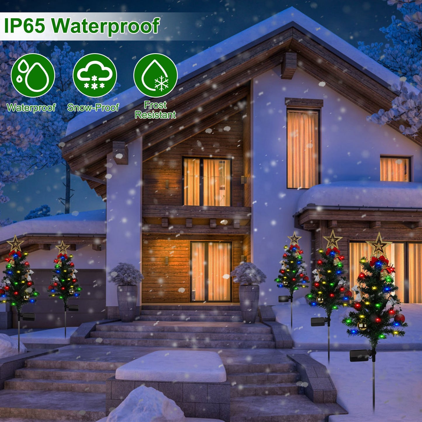 Solar Christmas Tree Lights 4-Pack with Ornaments & Stakes