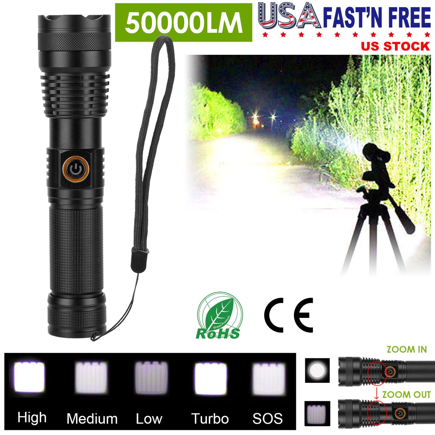 Rechargeable LED Tactical Flashlight 50000LM Zoomable 5 Modes