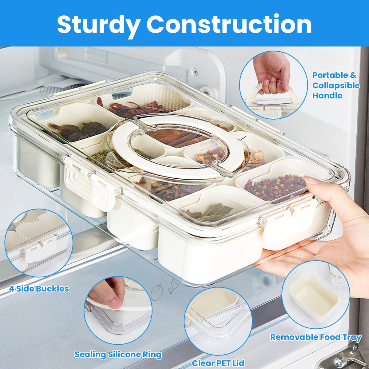 2Pcs Divided Serving Tray 8 Compartments Snack Box Charcuterie Container Clear Snack Platter Organizer Storage Box with Lid Handle for Candy Nuts Cook