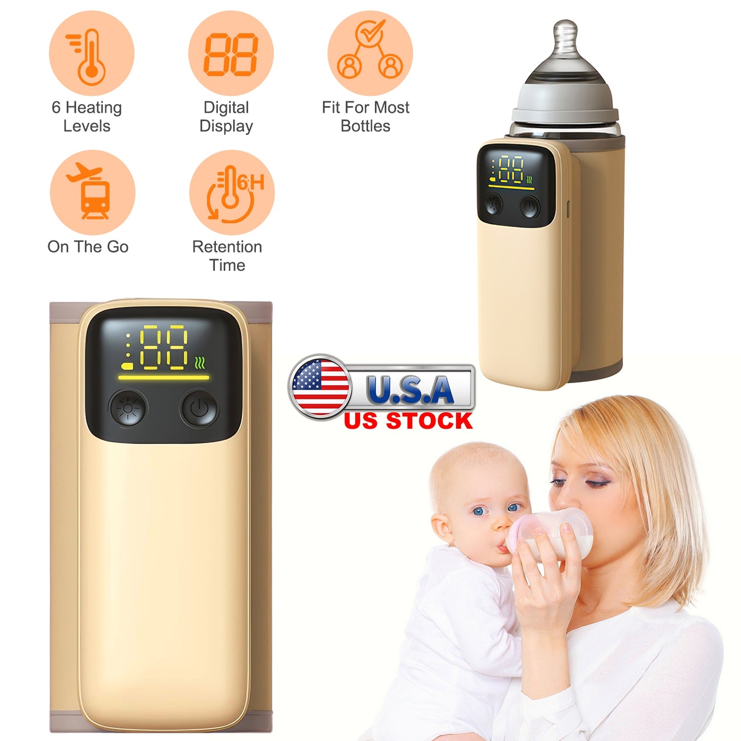 Portable Baby Bottle Warmer with Night Light & 6 Heat Levels