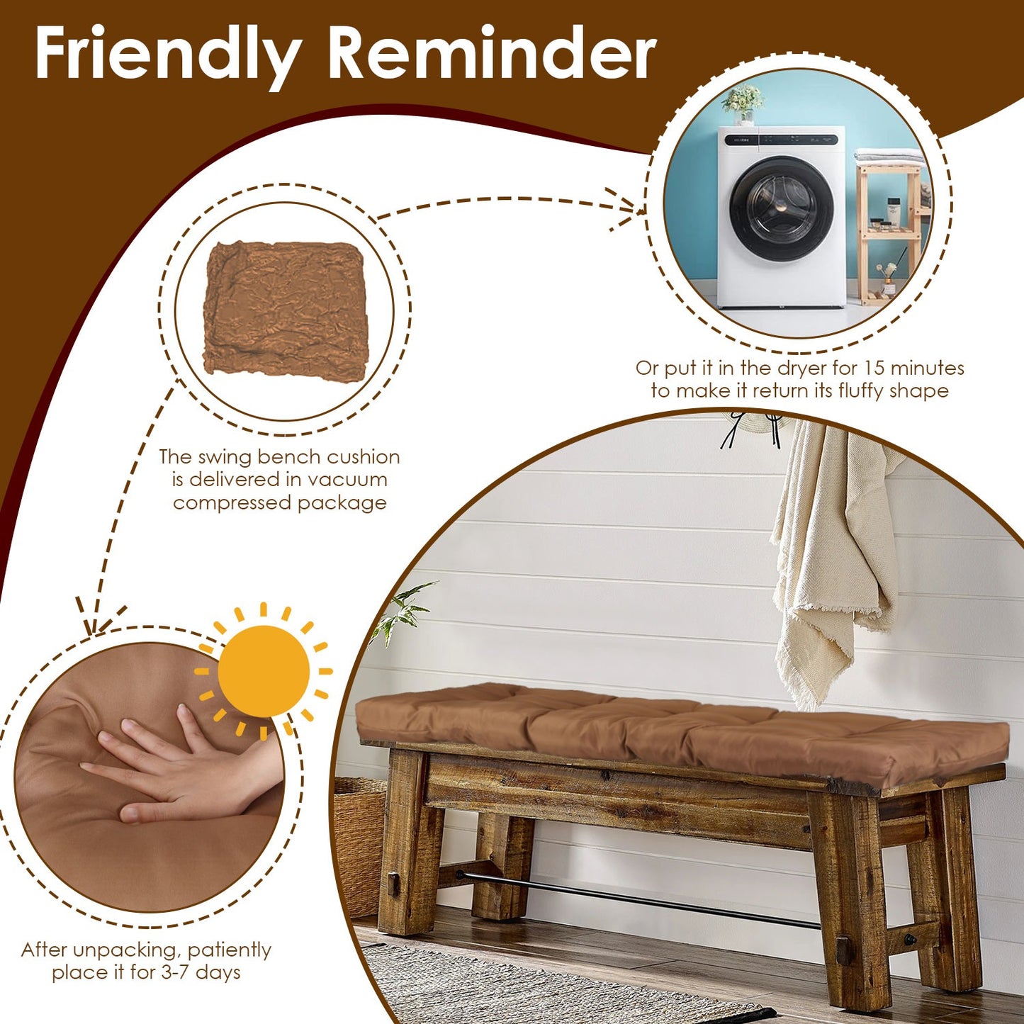 Bench Seat Cushion 51x20in Waterproof with Ties for Outdoor