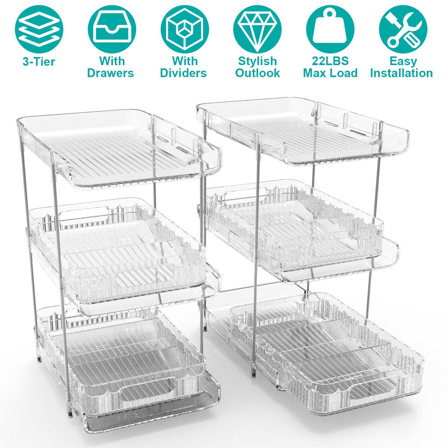 3-Tier Clear Bathroom Organizer with Drawers (2-Pack)