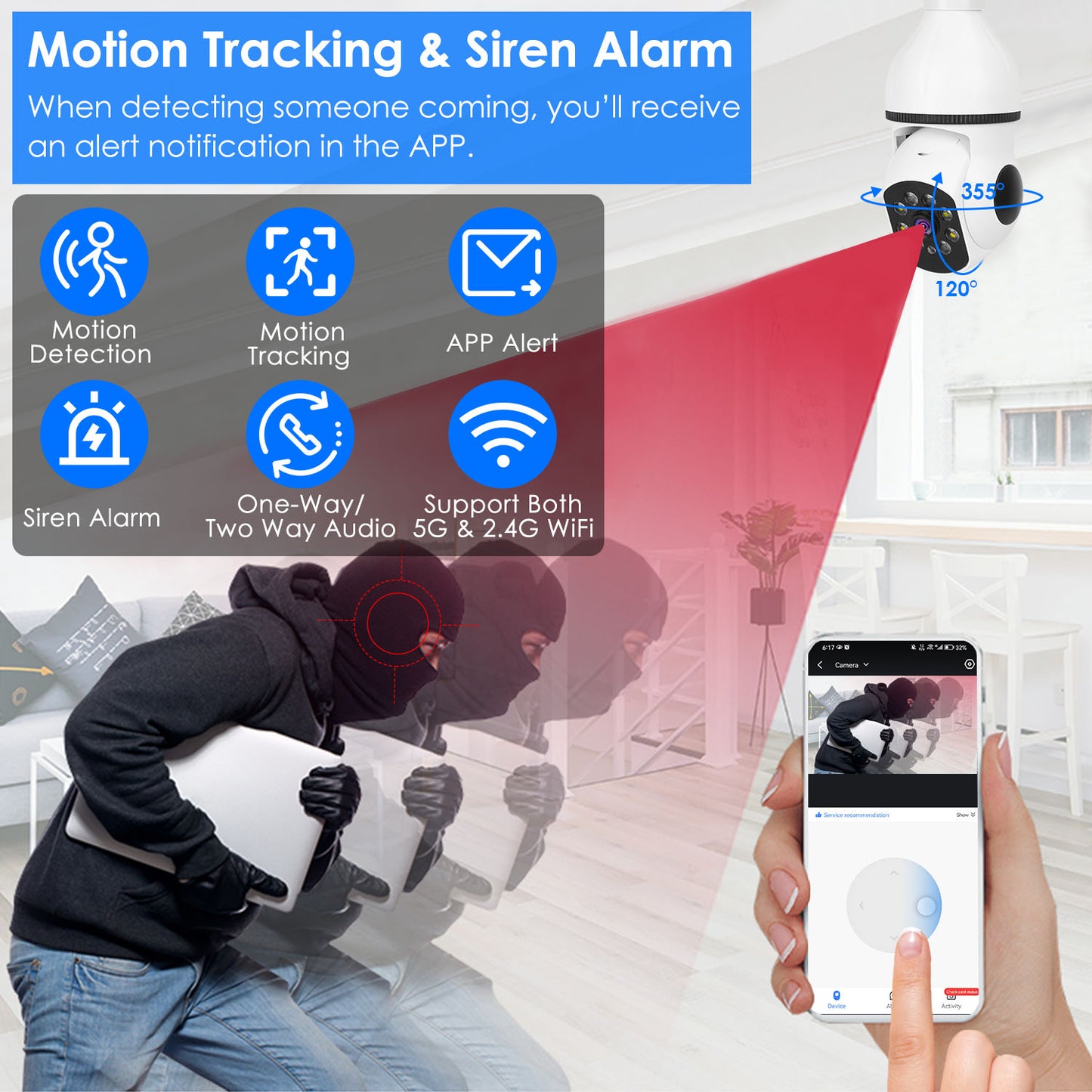 E27 WiFi Bulb Security Camera 1080P with Pan Tilt & Night Vision