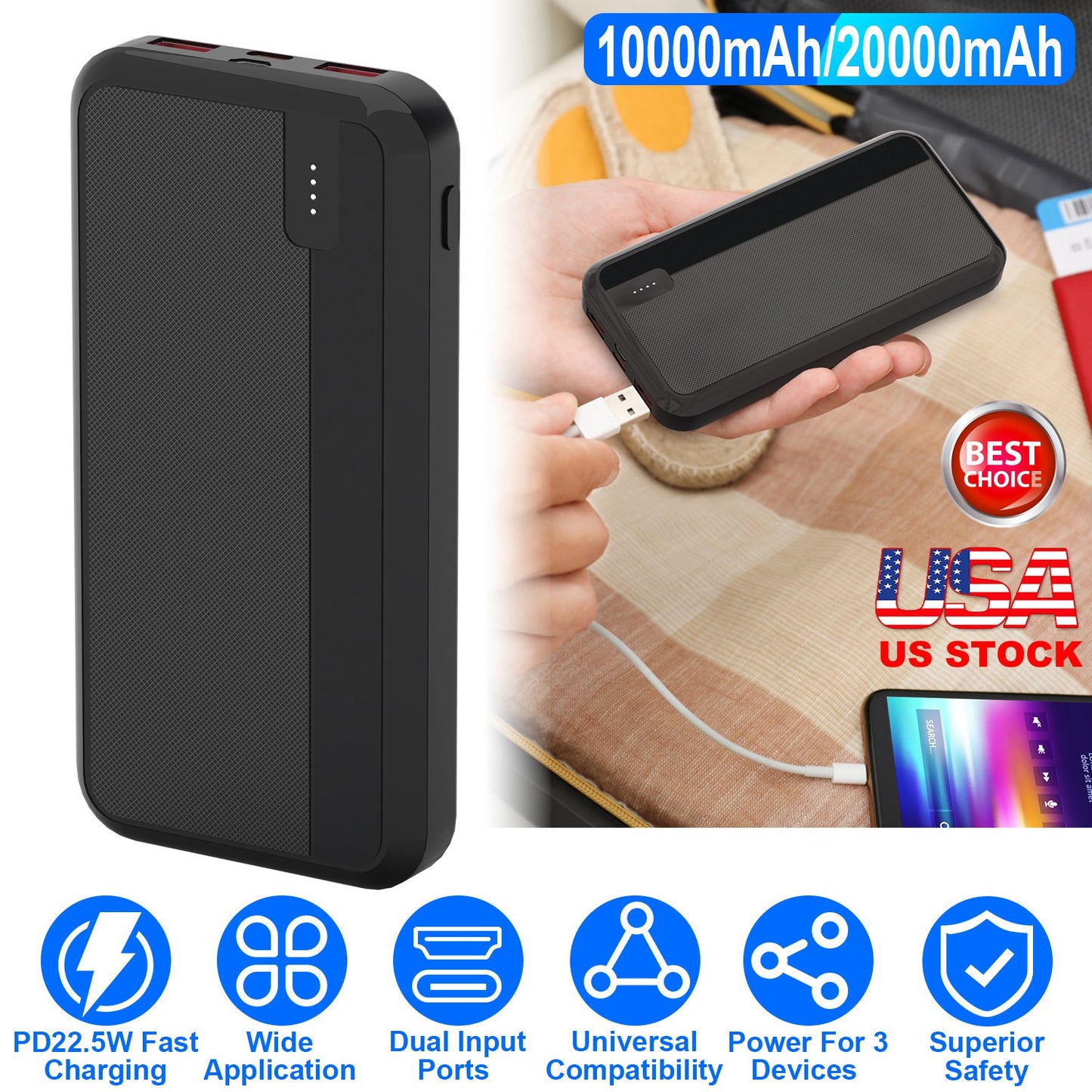 10000mAh Fast Charging Power Bank with PD 22.5W USB-C Cable