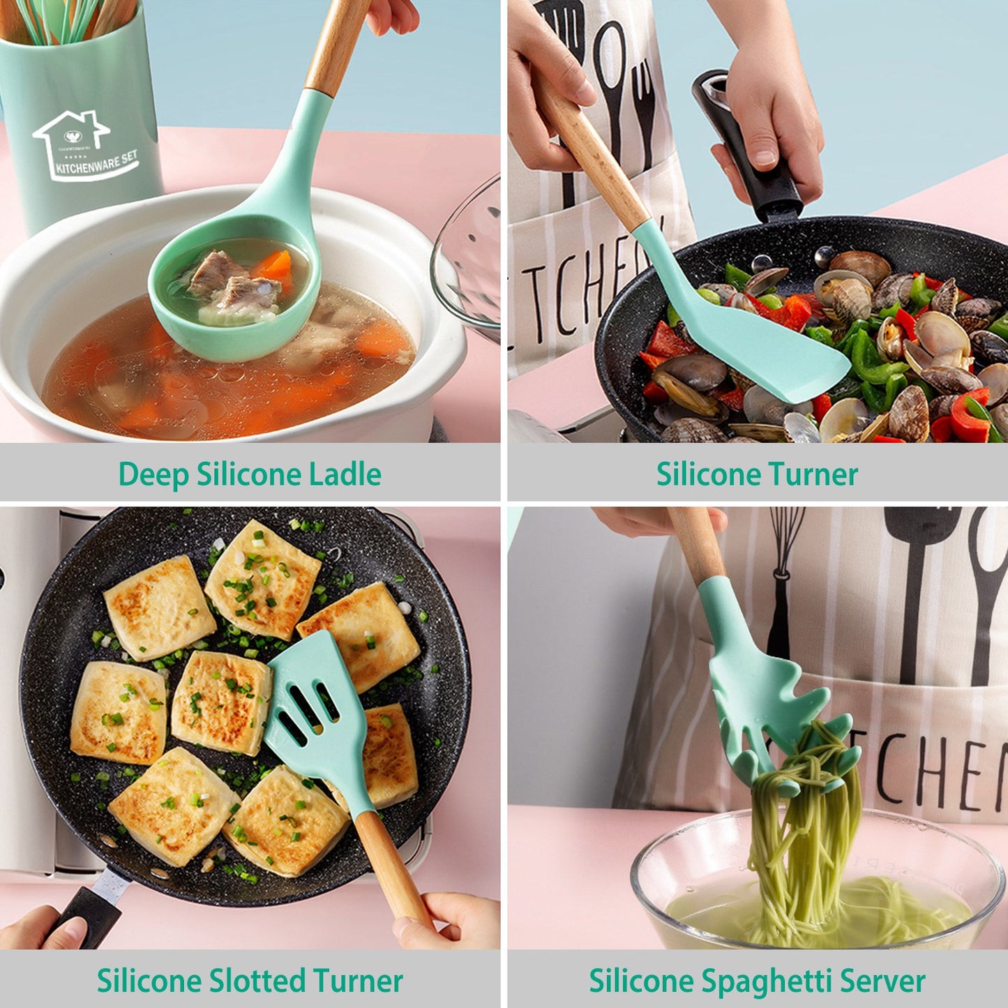 Silicone Cooking Utensil Set, 11-Piece with Wooden Handles