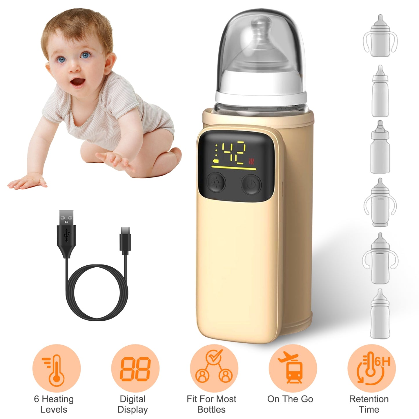 Portable Baby Bottle Warmer with Night Light & 6 Heat Levels