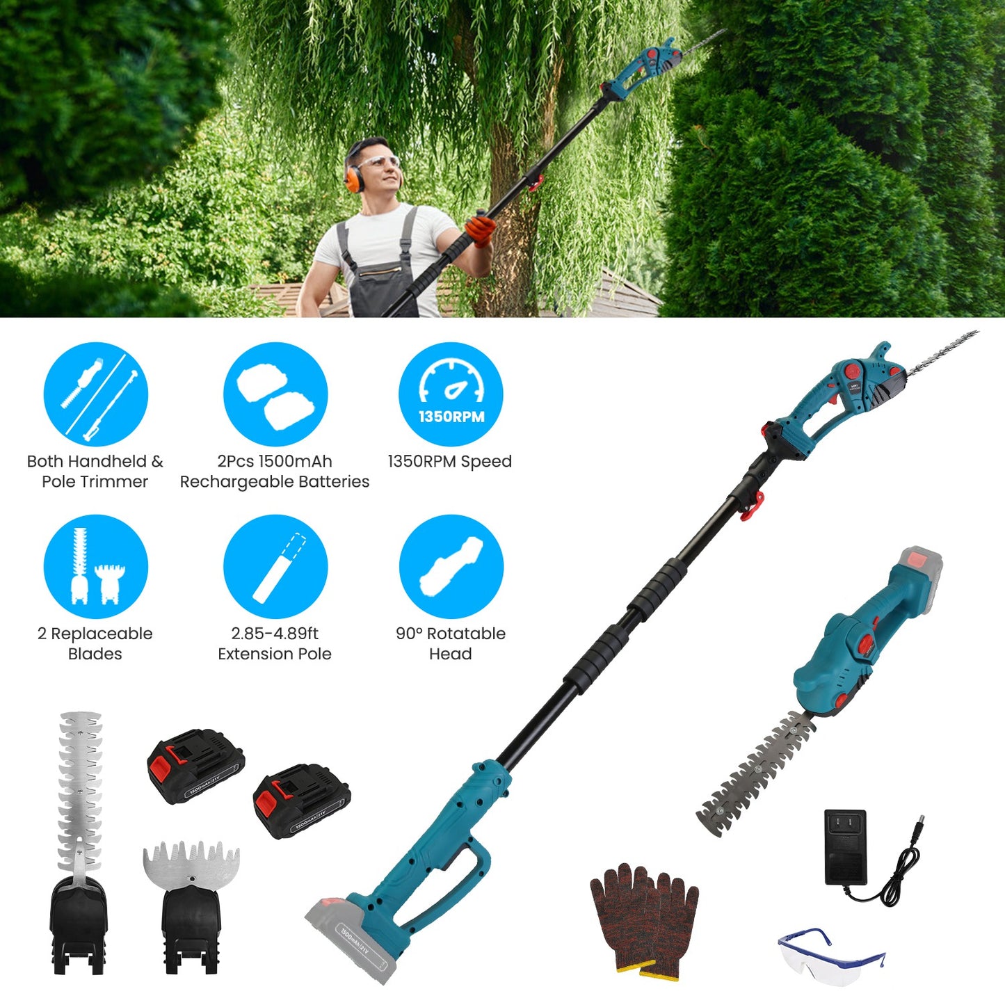 Cordless Hedge Trimmer with Telescopic Pole & Rotating Head