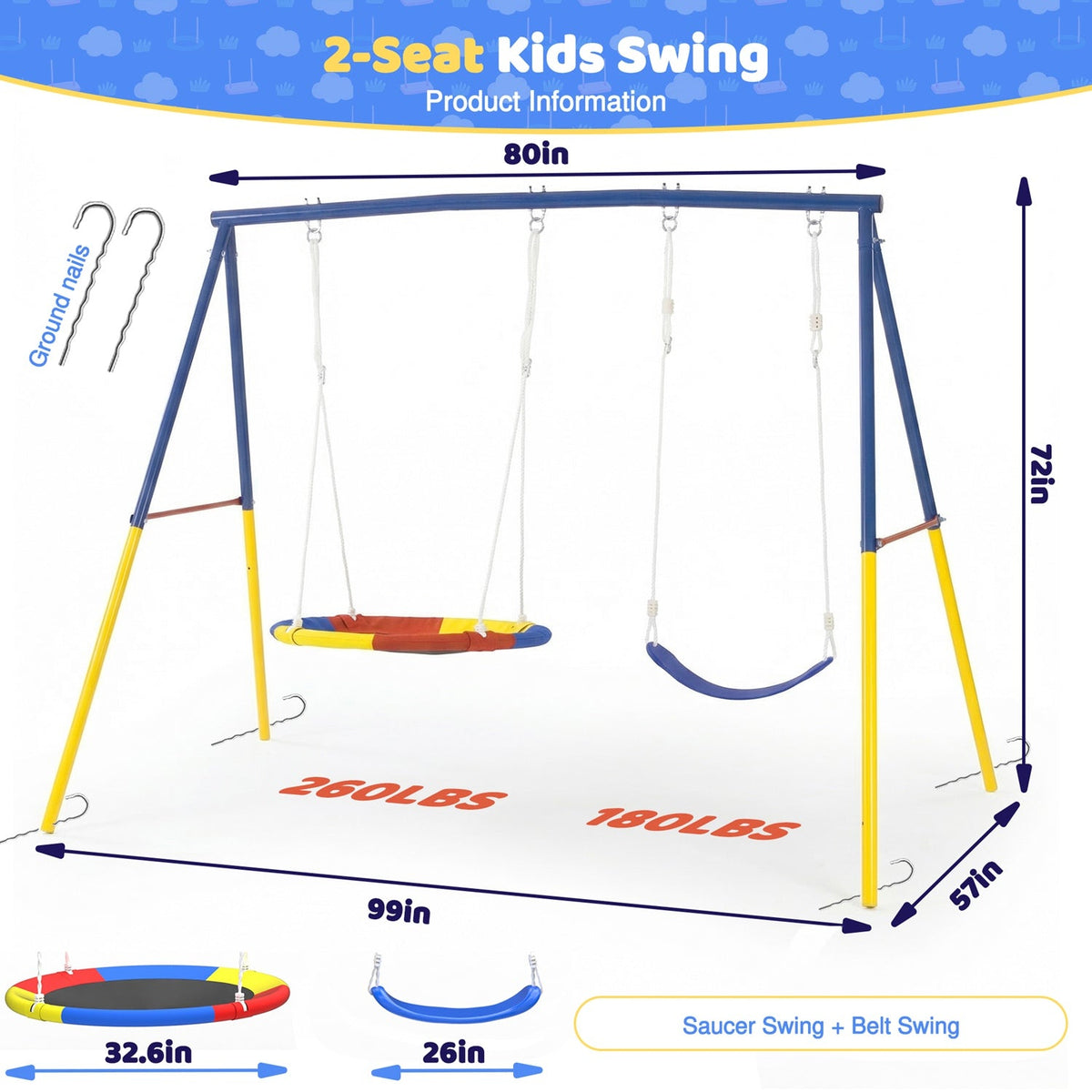 Outdoor Swing Set with Saucer & Belt Swings - 330lbs Capacity
