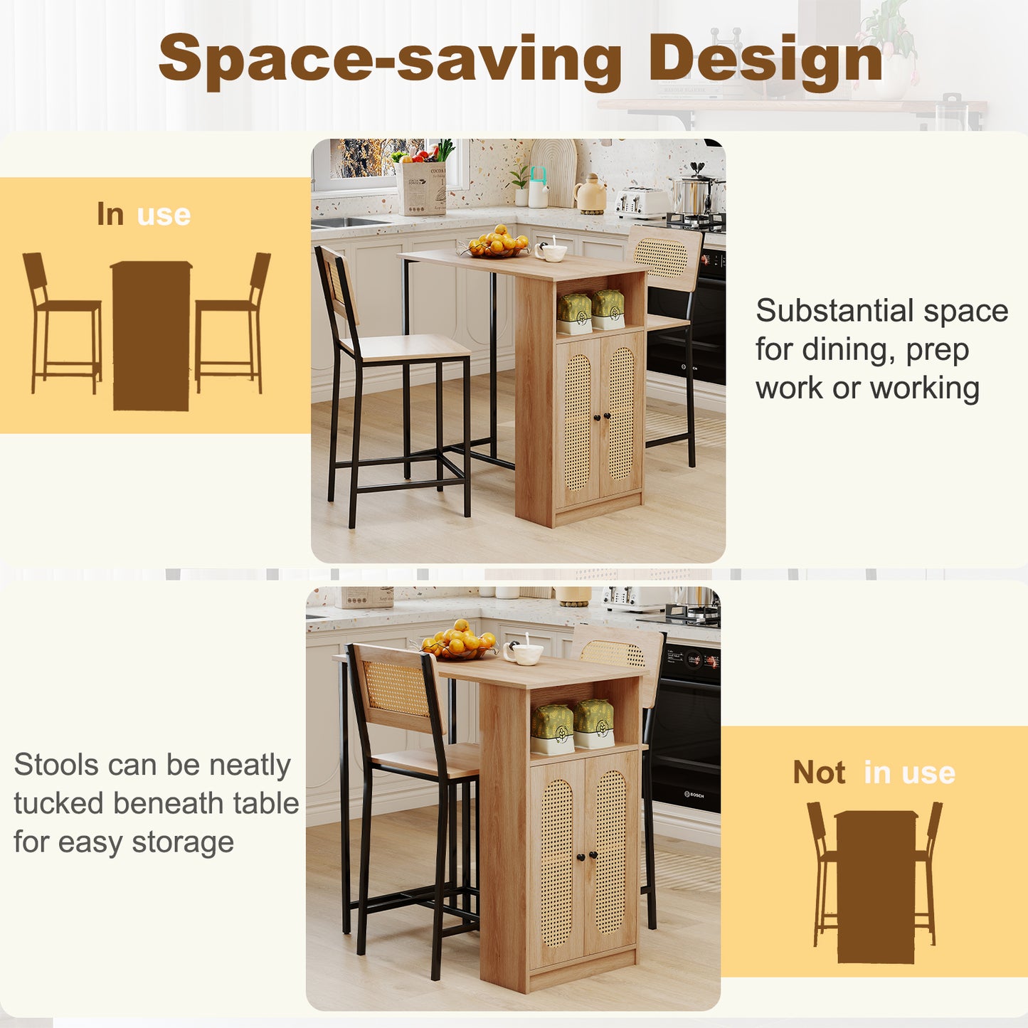 3-Piece Bar Table and Chairs Set with Storage Shelves