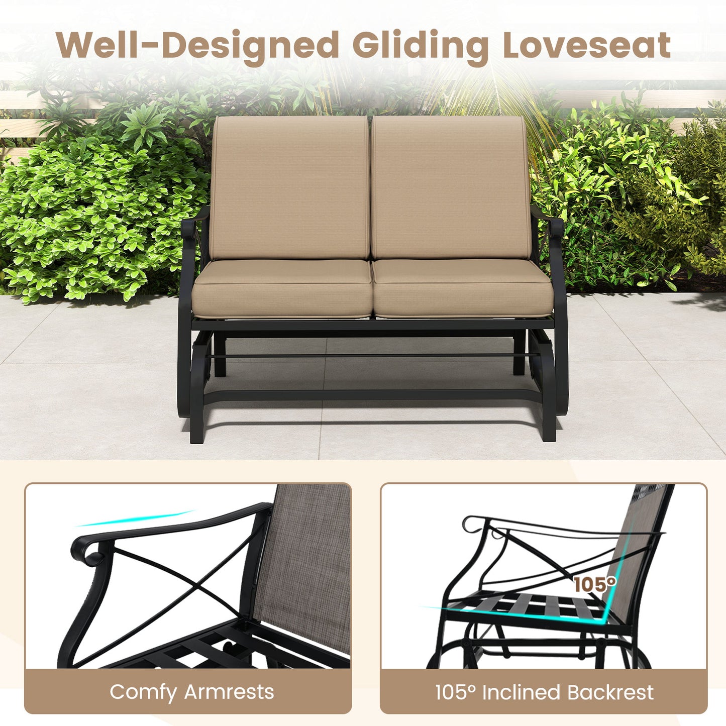 2-Person Glider Loveseat with Cushions for Outdoor Patio