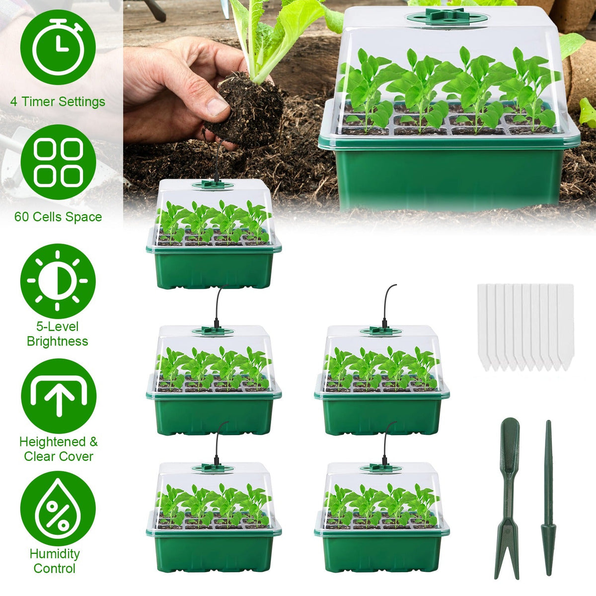 5Packs Seed Starter Tray With Grow Light Humidity Dome Germination Kit with 5-Level Brightness 4 Timers for Indoor Greenhouse