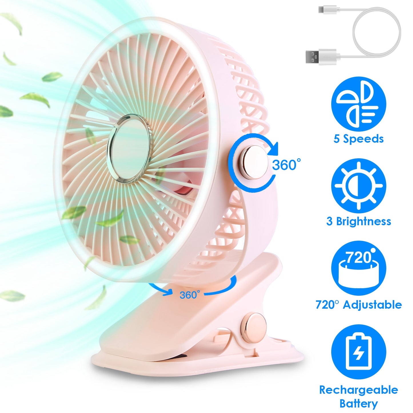 Clip-On Fan with 5 Speeds, LED Light & 720° Rotation