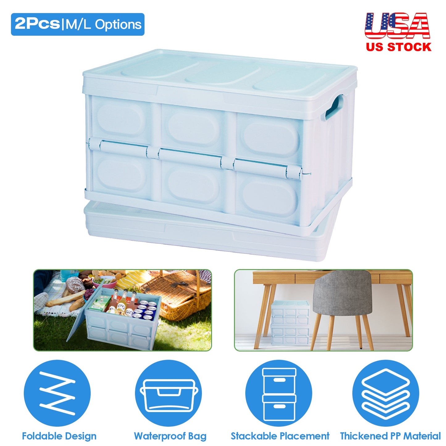 Collapsible Storage Bins with Lids - 2 Pack Stackable Organizer