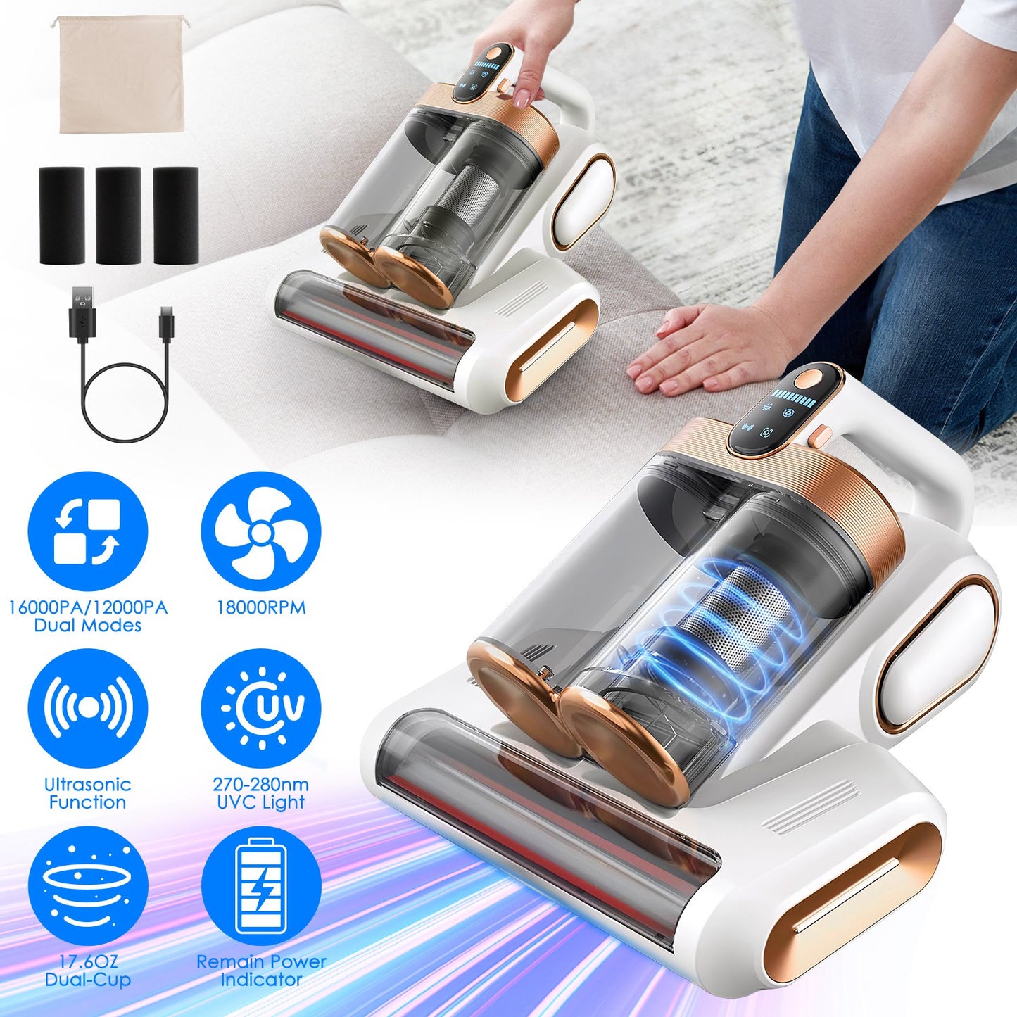 Mattress Vacuum Cleaner with UV Light & 16KPA Suction
