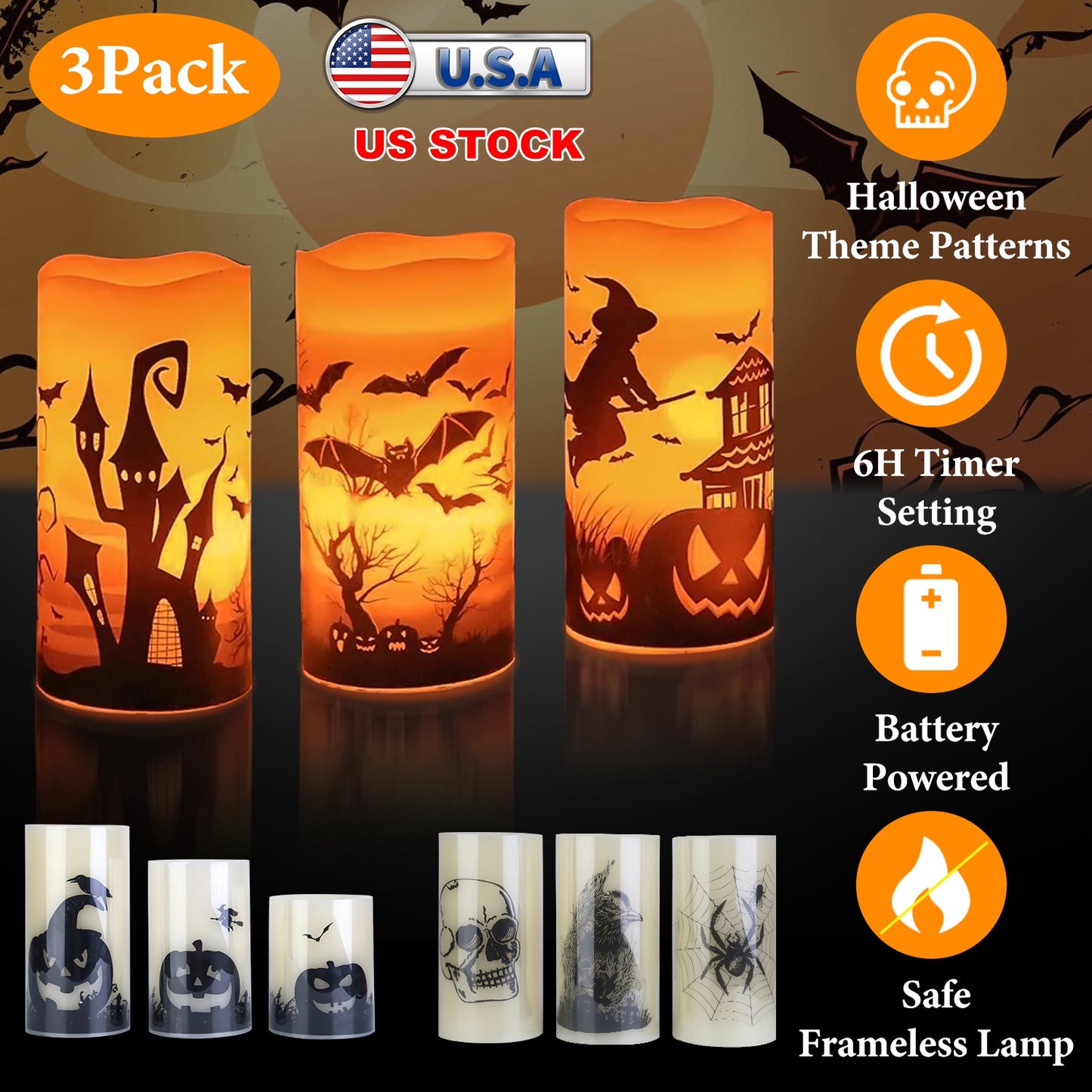 Flameless Halloween Candles with Timer - 3 Pack LED Battery Operated
