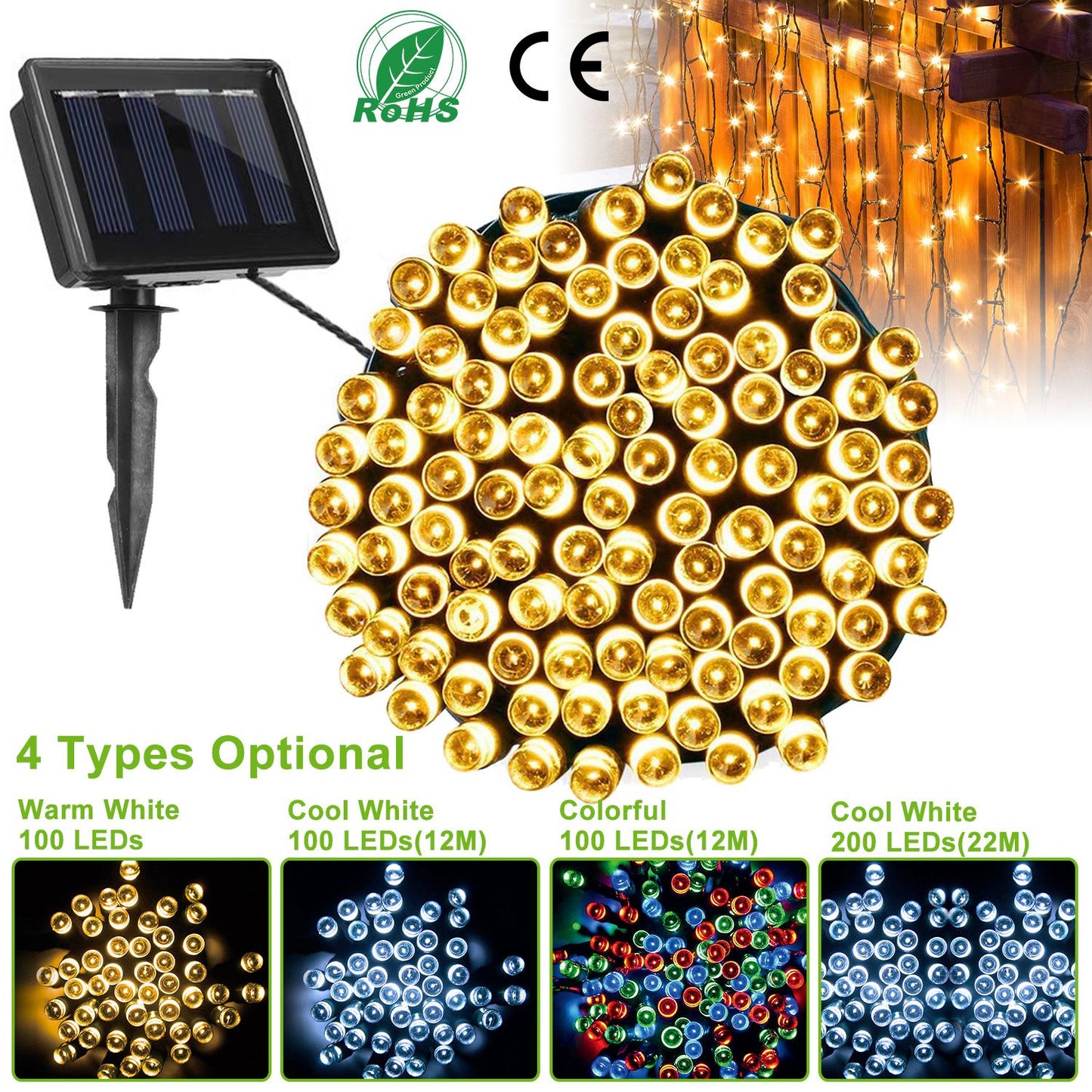 Solar String Lights 100 LED 40ft Outdoor Waterproof Cool White