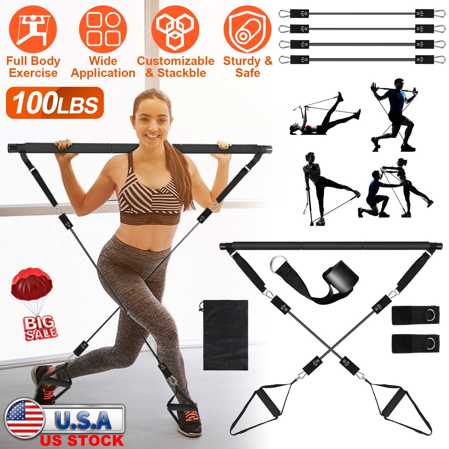 Pilates Bar Kit with 100LBS Resistance Bands & Accessories