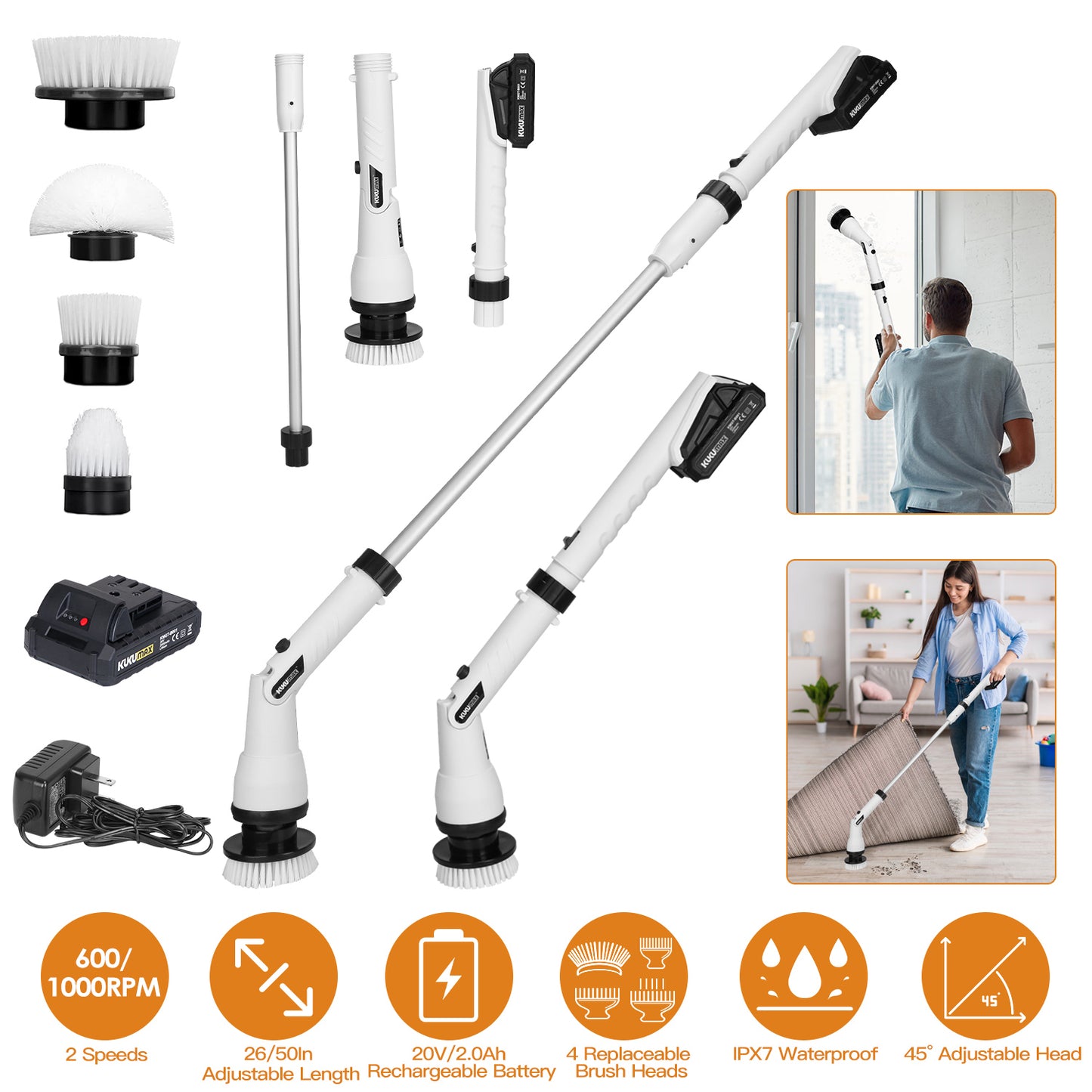 Electric Spin Scrubber with 4 Brush Heads & Extension Rod