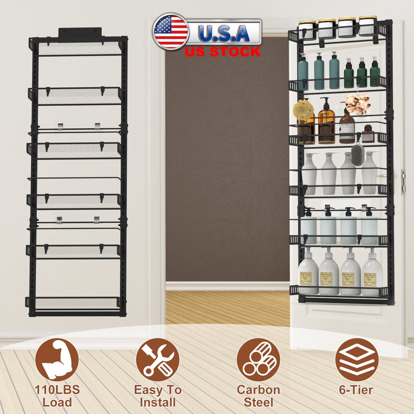 Over The Door Organizer 6-Tier Pantry Rack with 110lb Capacity