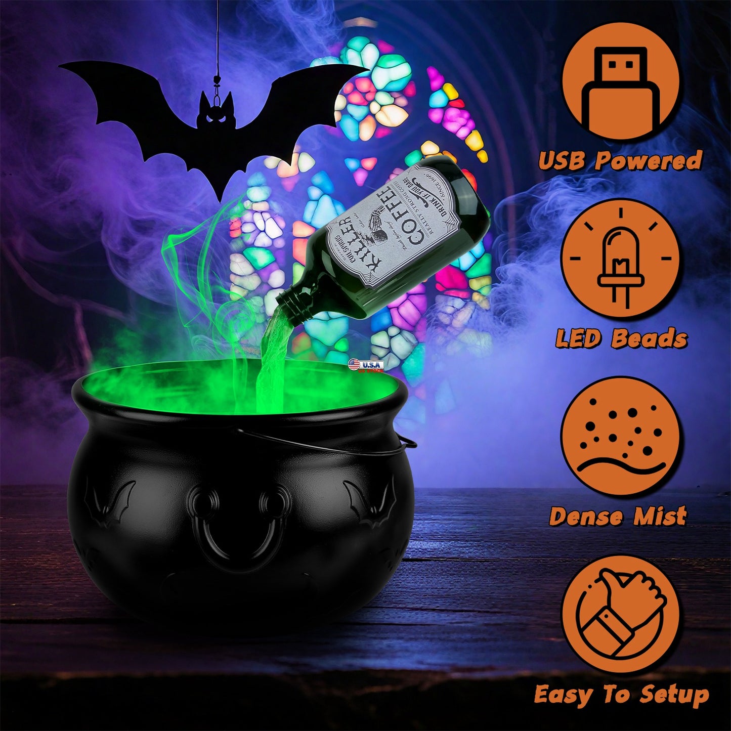 Floating Bottle Witch Cauldron with Mist Maker & Green Light