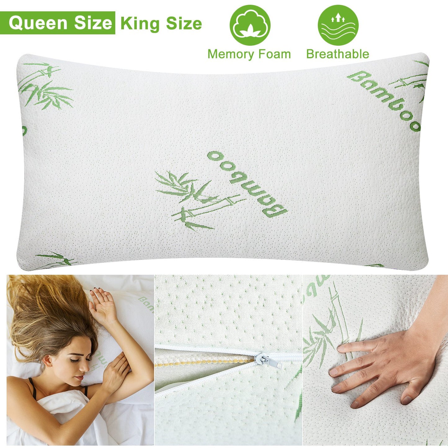 Memory Foam Pillow Set with Bamboo Cover - Queen Size (2-Pack)